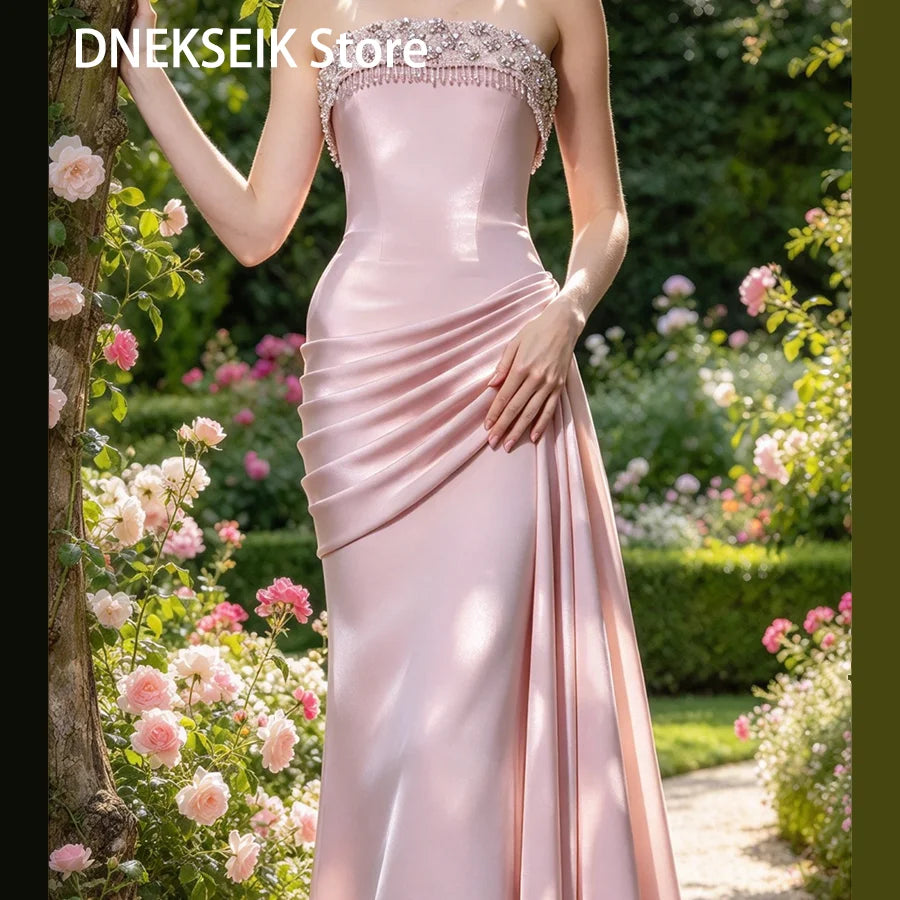 Elegant Pink Strapless Beads Sleeveless Ruched Slim Formal Evening Dresses Birthday Party Prom Gowns Customized