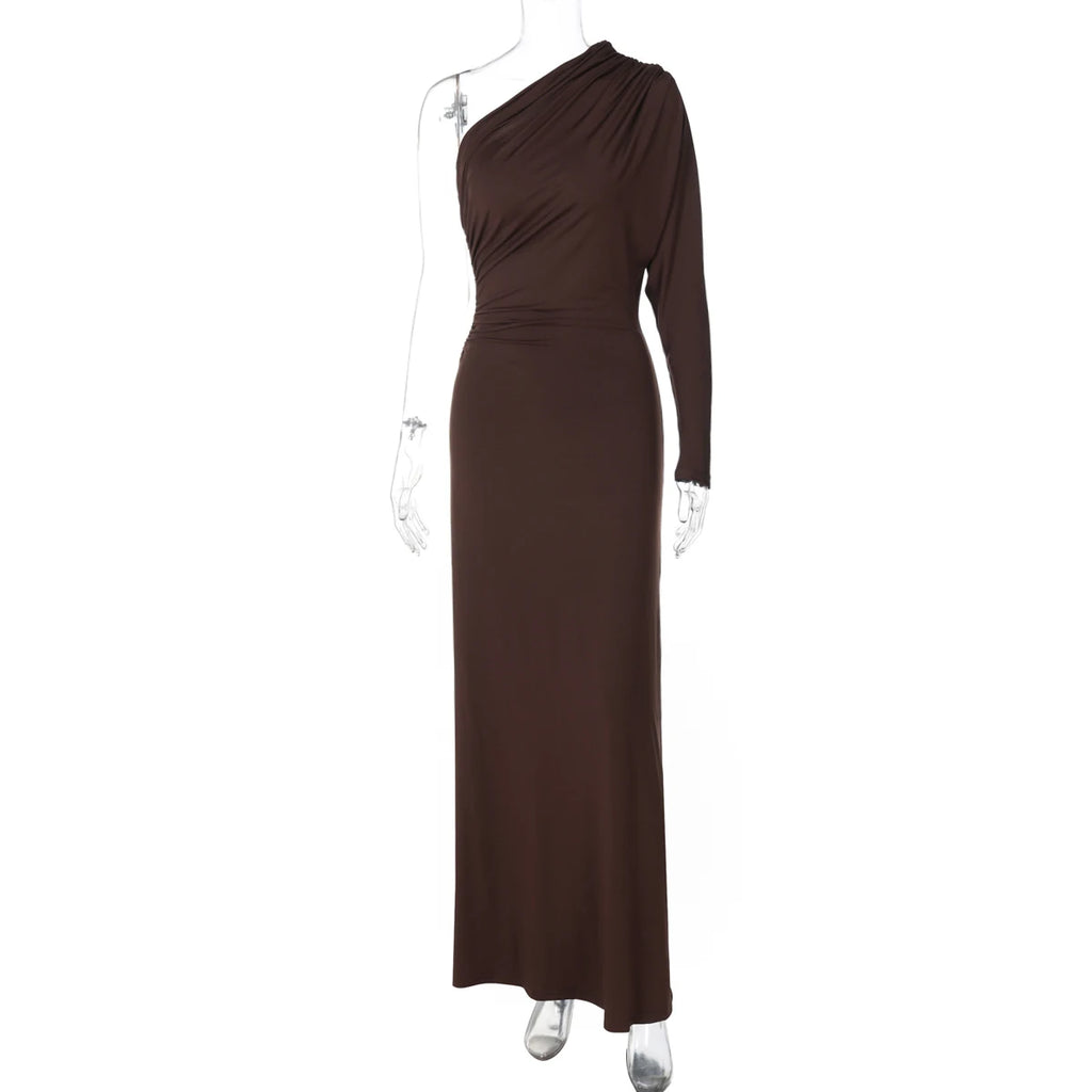 Dulzura One-Shoulder Long Sleeve Slim Fit Ruched Long Dress Women'S Solid Sexy Elegant Clothes Evening Party Club Autumn Clothes