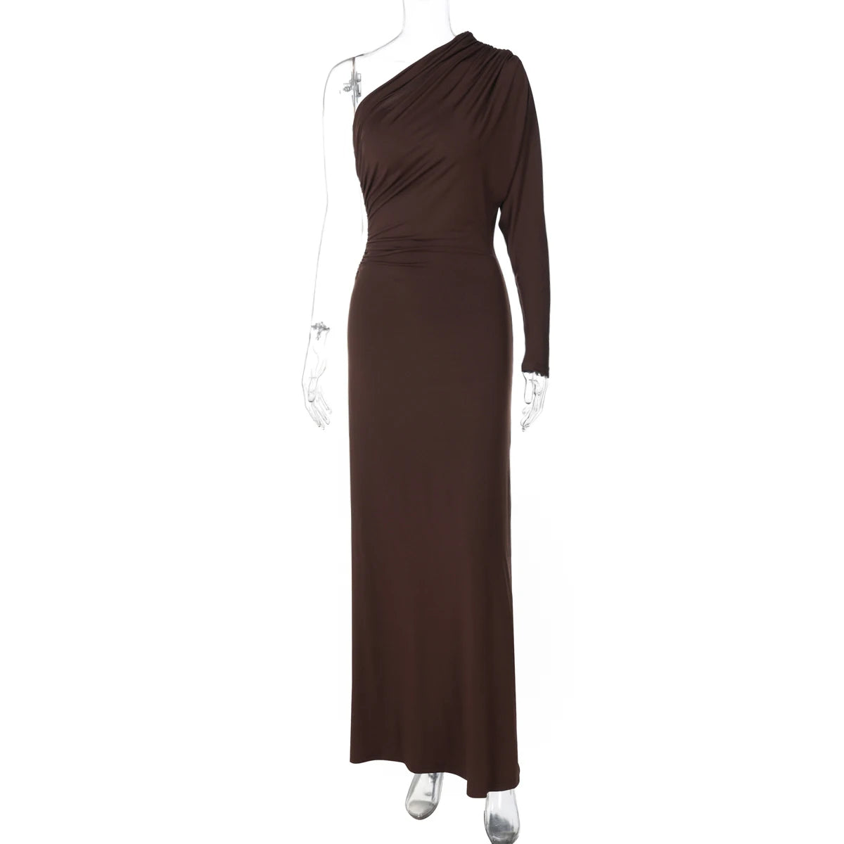 Dulzura One-Shoulder Long Sleeve Slim Fit Ruched Long Dress Women'S Solid Sexy Elegant Clothes Evening Party Club Autumn Clothes