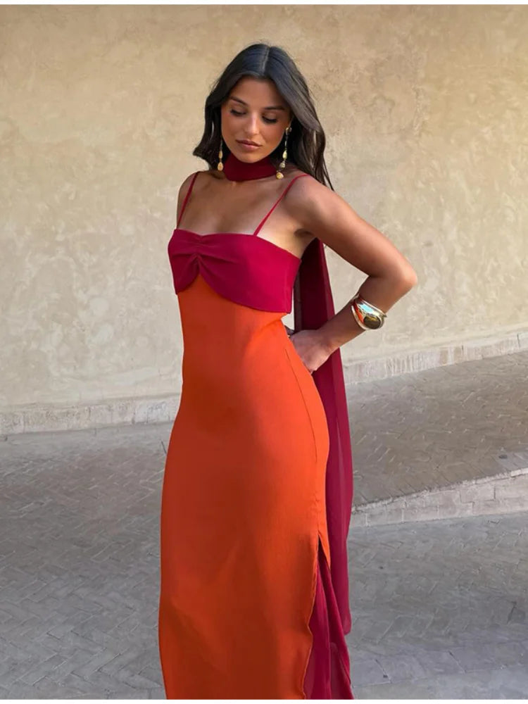Color Block Twist Bust Slit Maxi Dress Spaghetti Strap Form-Fitting 2026 Summer Fashion Chic Bold Women Wedding Guest Gala Dress