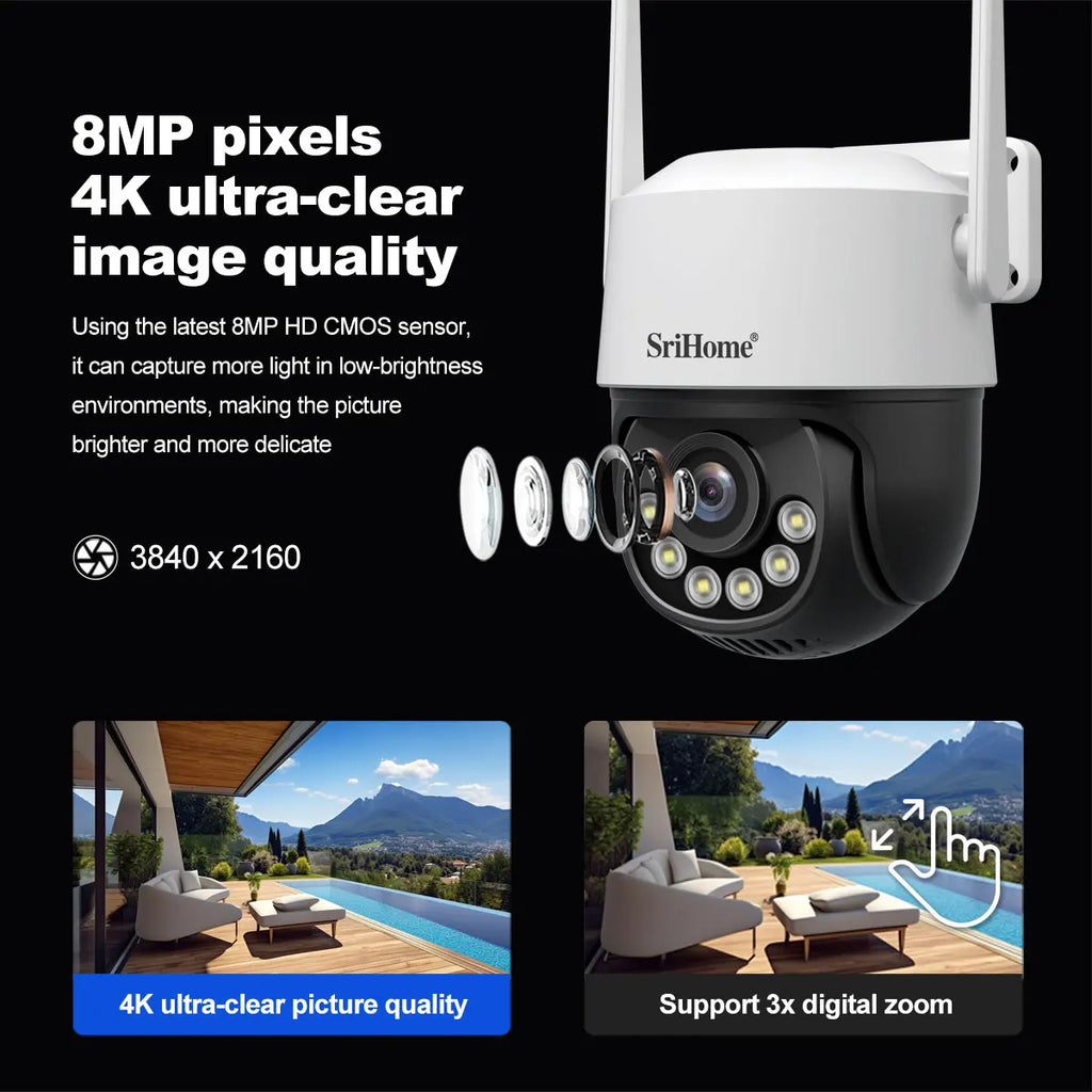 8MP 4K IP Camera 2.4G&5G WIFI Crying Detection PTZ Camera Smart Home Outdoor Camera Surveillance Monitor Srihome Wireless Camera