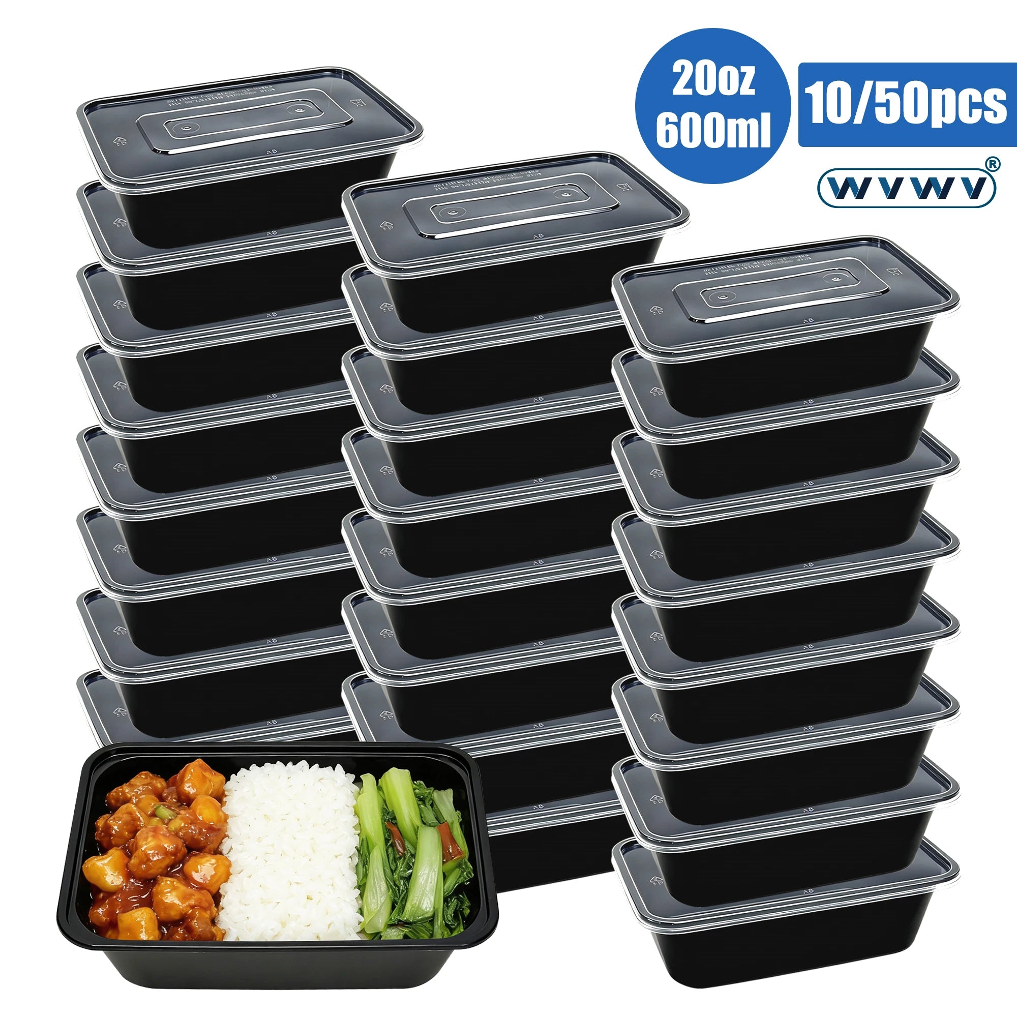 10/50Pcs 20Oz/600Ml Black Lunch Boxes, Food Storage Containers with Lids, Meal Prep Containers, Stackable, Microwaveable, Reusable Food Storage and Lunch Containers, Suitable for Refrigerator Organization, Storing Leftovers,