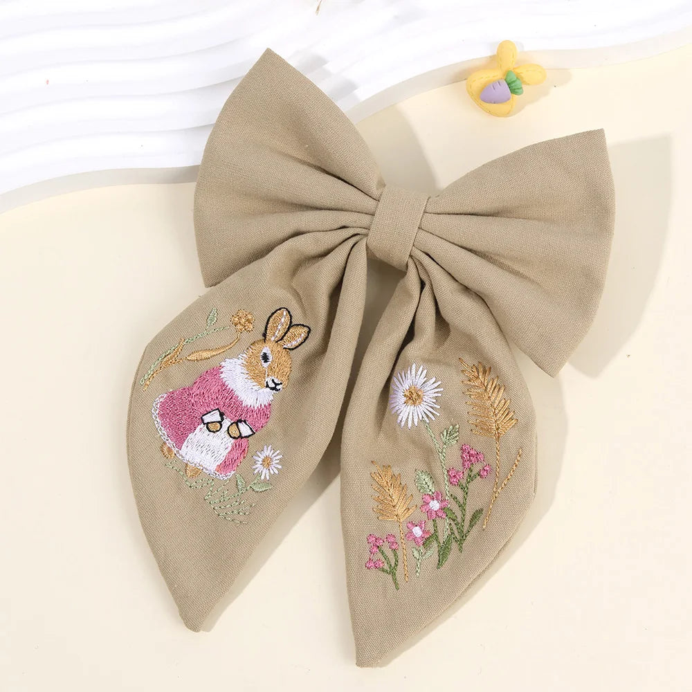 Rabbit Embroidery White Bow Hair Clip Sweet Girls Bunny Bowknot Hairpin Handmade Fabric Kids Cute Headdress Headwear Accessories