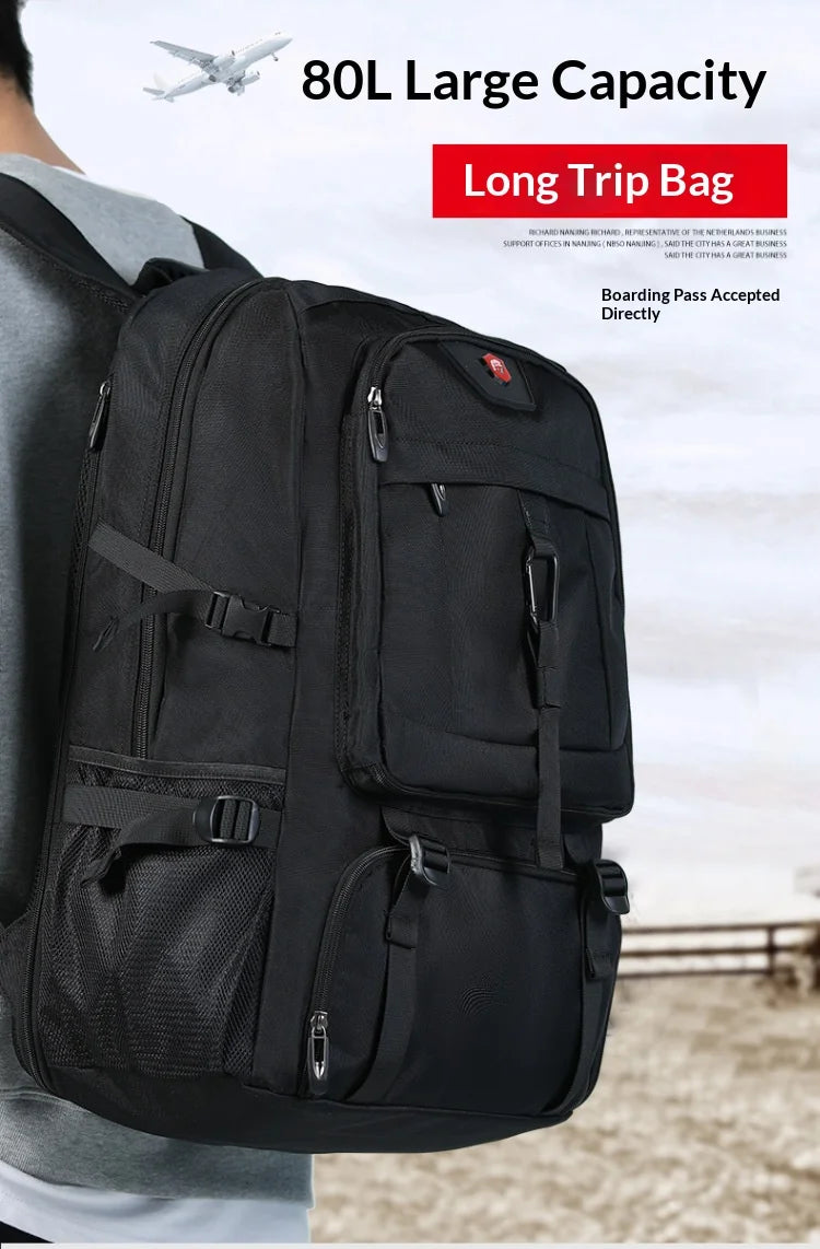 50L 80L Men's Large Travel Backpack, Separate Shoe Compartment Waterproof Business Backpack Outdoor Sports Black Storage Bag