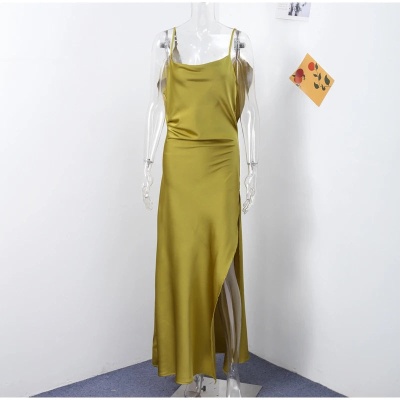Backless Women Dress Satin Spaghetti Strap Maxi Dresses Back Tail Cowl Drape Front Neck Side Split Hem Elegant Evening Bodycon