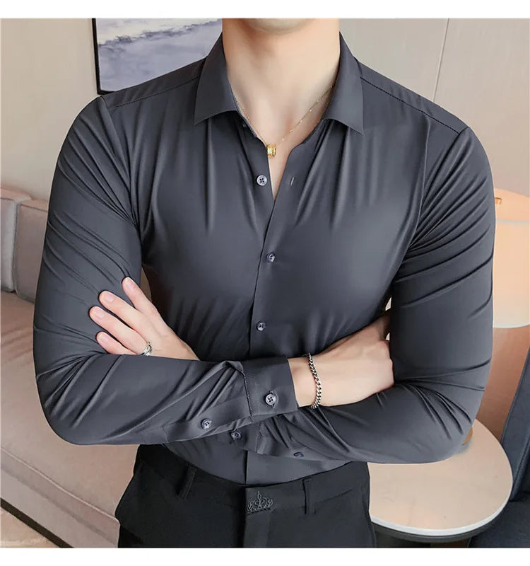 Men's Ultra Stretch Seamless Long Sleeve Shirt Top Quality Business Casual Breathable Stretchable Solid Color Formal Dress Shirt