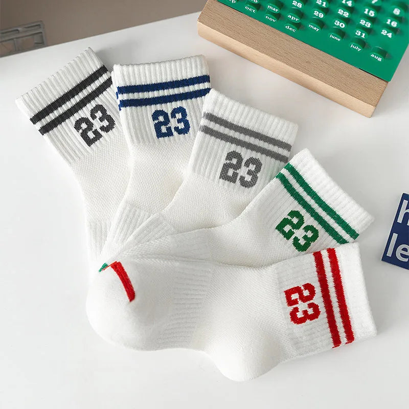 5Pairs Kids Mesh Socks Spring Summer Mid Tube Sock 1-8Y Boy Girl Thin Breathable Children Sport Sock Stripe Number Baby Footwear