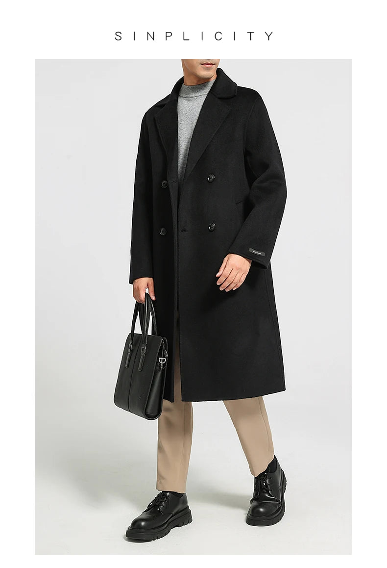 Men's 100% Cashmere Thick Double-Sided Extended Coat, Classic and Versatile Fashion for Business and Leisure