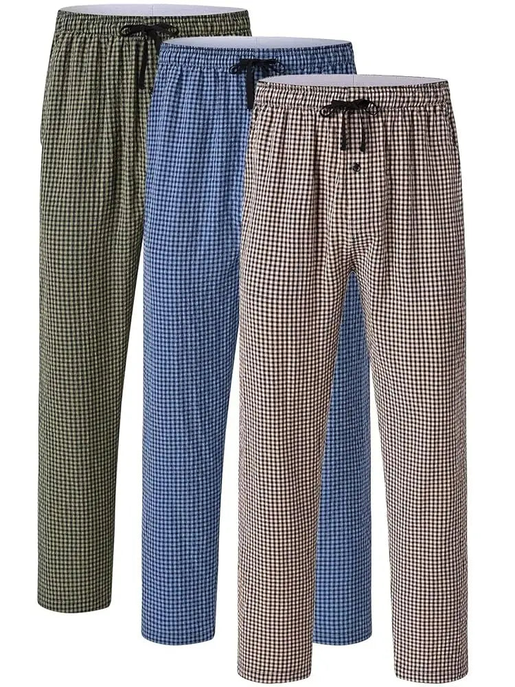 3Pcs Men's 100% Cotton Plaid Pajama Sleeping Pants, Long Plaid Print Sleepwear Pajama Pants with Elastic Waist Homewear