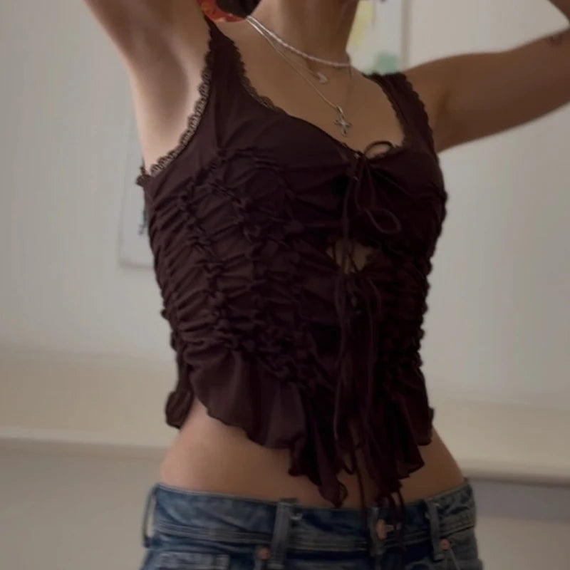 Sexy Lace Up Ruffles Women Vest Slim See Through Hollow Out Slash Neck Sling Female Top 2025 Summer Beach Lady Clothes