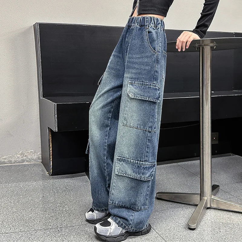 Kids Design Luxury Straight Leg Cargo Jeans with Multi Pocket for Teens Girl Cool Denim Pants Tweens Child Casual Jeans Trousers