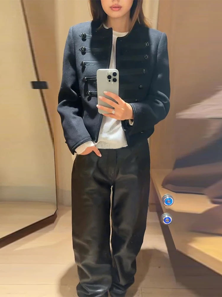 Fashion Black Court Style Cropped Jacket For Women Elegant O-neck Long Sleeve Double Breasted Coat Lady 2026 Spring Chic Outwear