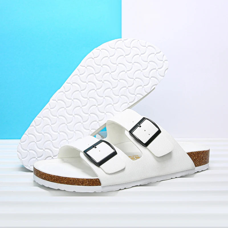 Summer Men Women Cork Slippers Clogs Microfiber Leather Slides Casual Slip On Sandal Double Buckle