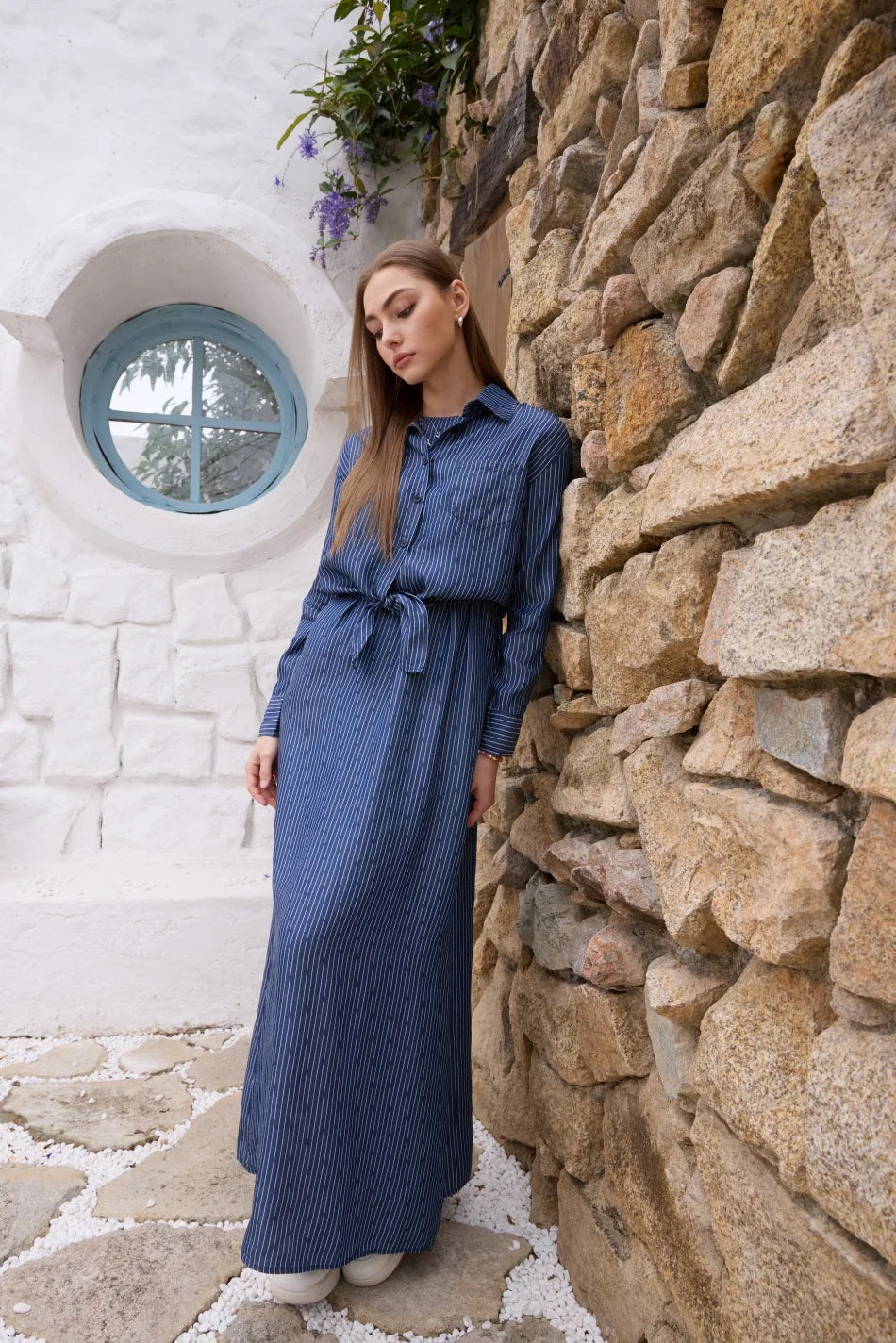 AS  SS26 Lyocell light Denim pinstripe wrap shirt + dress matching set fashionable vitality women's outfit