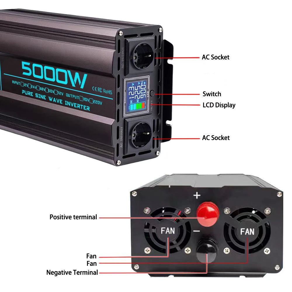 Pure Sine Wave Inverter 12V/24V/48V/72V 220V 3000W/4000W/5000W DC To AC Power Voltage Converter Car Solar Inverter Charger