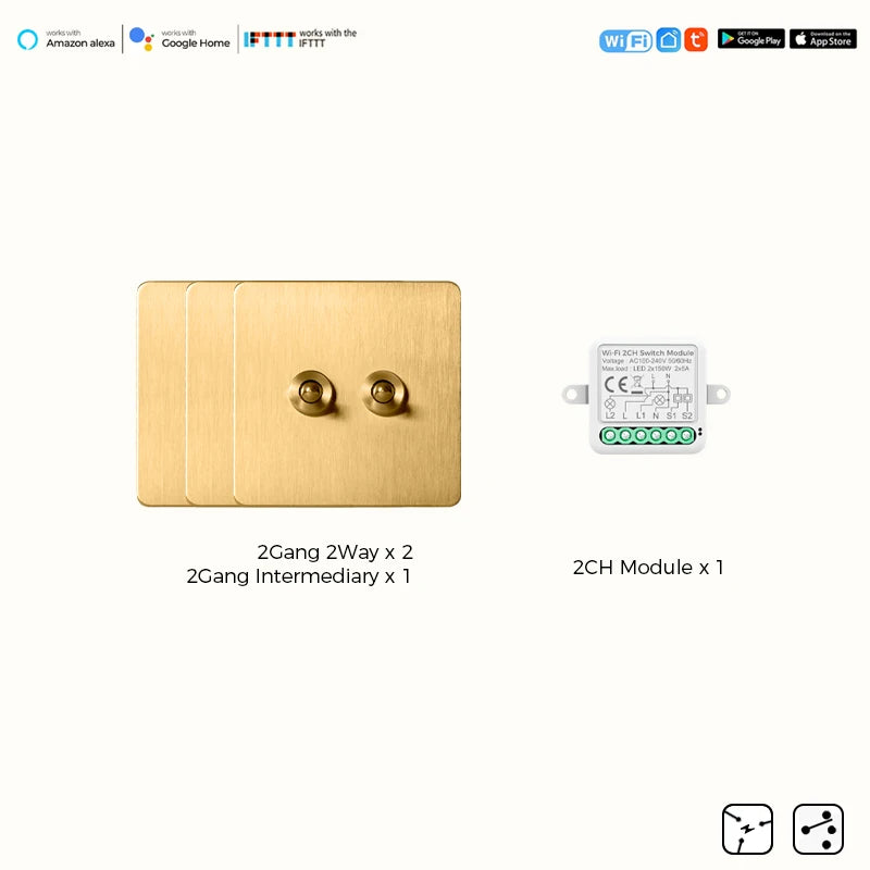 Avoir Tuya Smart Life Home Control Mini Wifi Module Wireless Gold Light Switches 1-4 Gang 2 Way Alexa Rocker Toggle Switch 220V