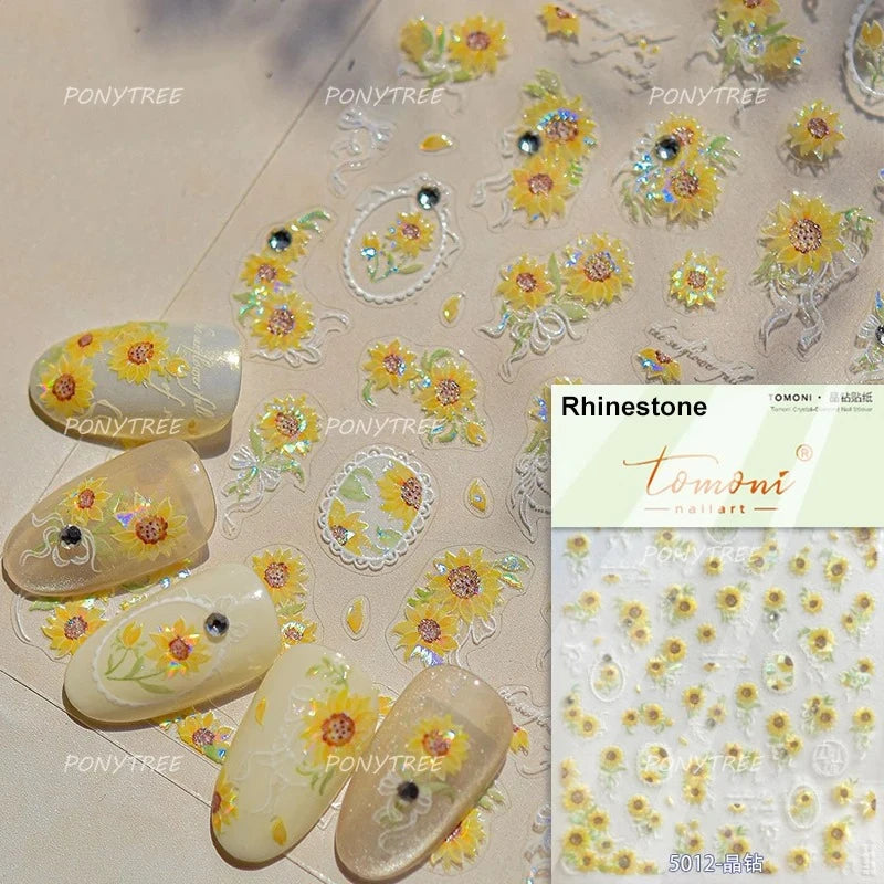 Gold Stamped Frame Oil Painting Style Sunflowers Metal Bead 3D Self Adhesive Nail Art Stickers Autumn Manicure Decals Wholesale