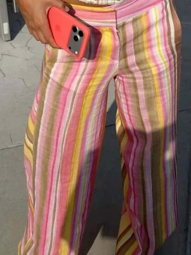 Women‘s Colorful Striped Pant New Summer Straight Multicolor Wide Leg Long Pants Casual Fashion Streetwear Female Outfit 2026