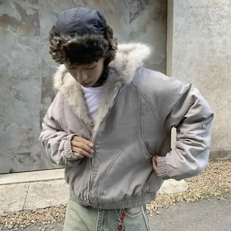 winter retro american woolen collar hooded cotton jacket thick plush top men street hip hop gothic harajuku oversize jacket coat