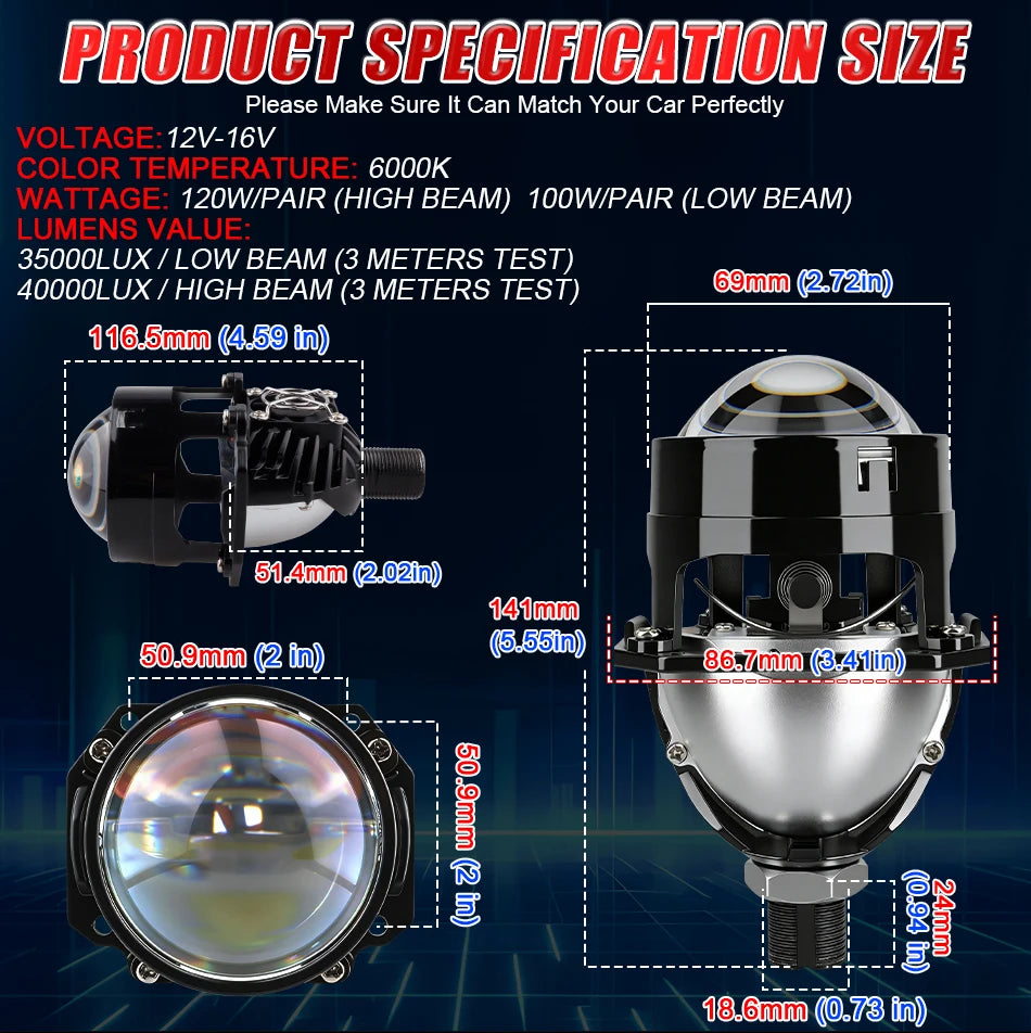 2.5 Inch Bi Led Projector Lens Led Light H4 H7 9005 9006 Car Headlight Bulb High Low Beam 6000K Diode 120W 40000LM Turbo Tuning