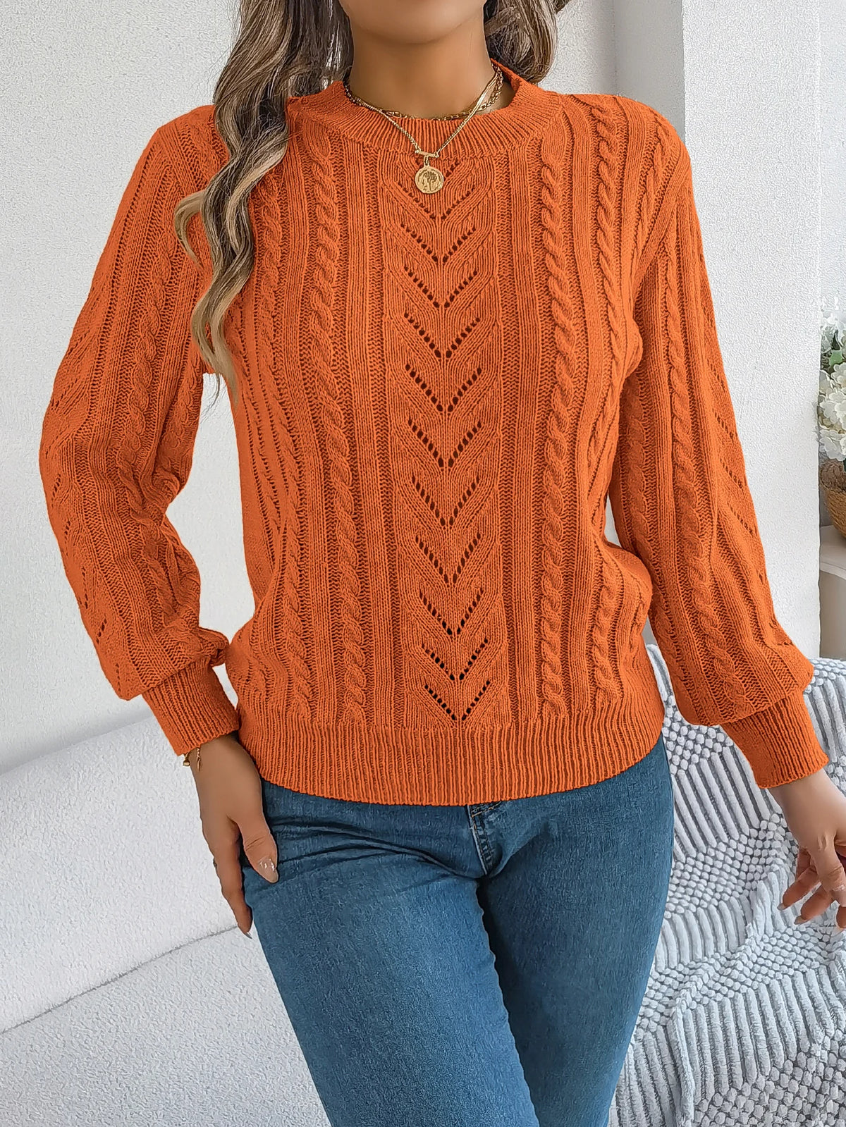 Women Solid Openwork Knit Pullover Round Neck Long Sleeve Cozy Fall Winter Resort Ready Sweater Top