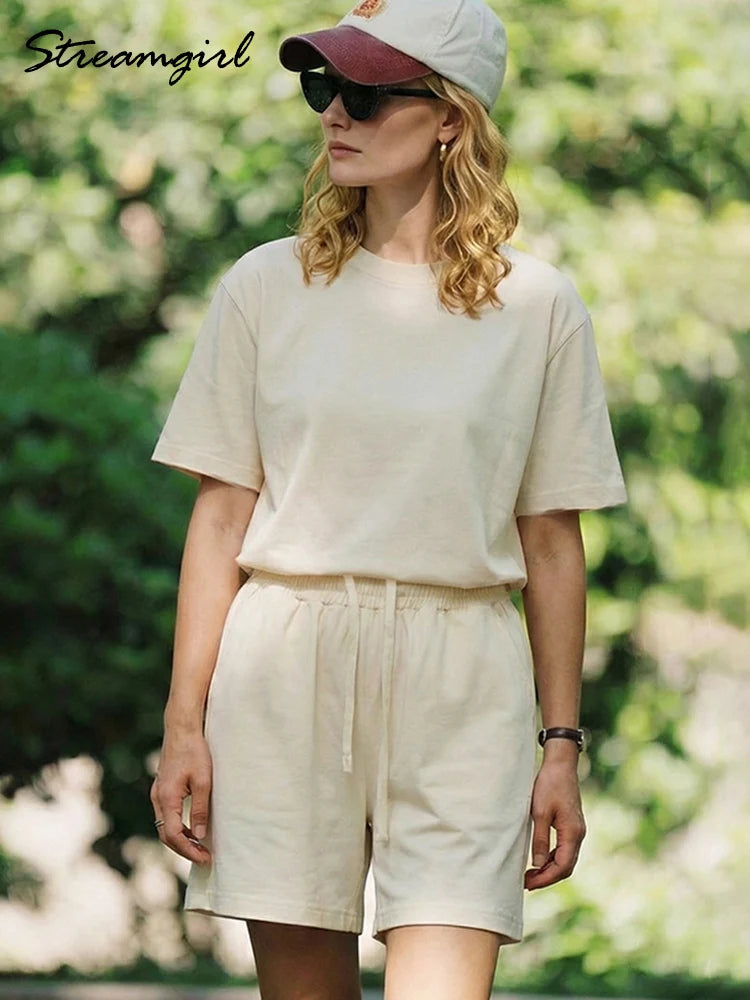 Summer 2 Piece Shorts Set Woman Cotton Brown Oversized T Shirts And Shorts Two Pieces Outfits For Women White Short Sets Pink
