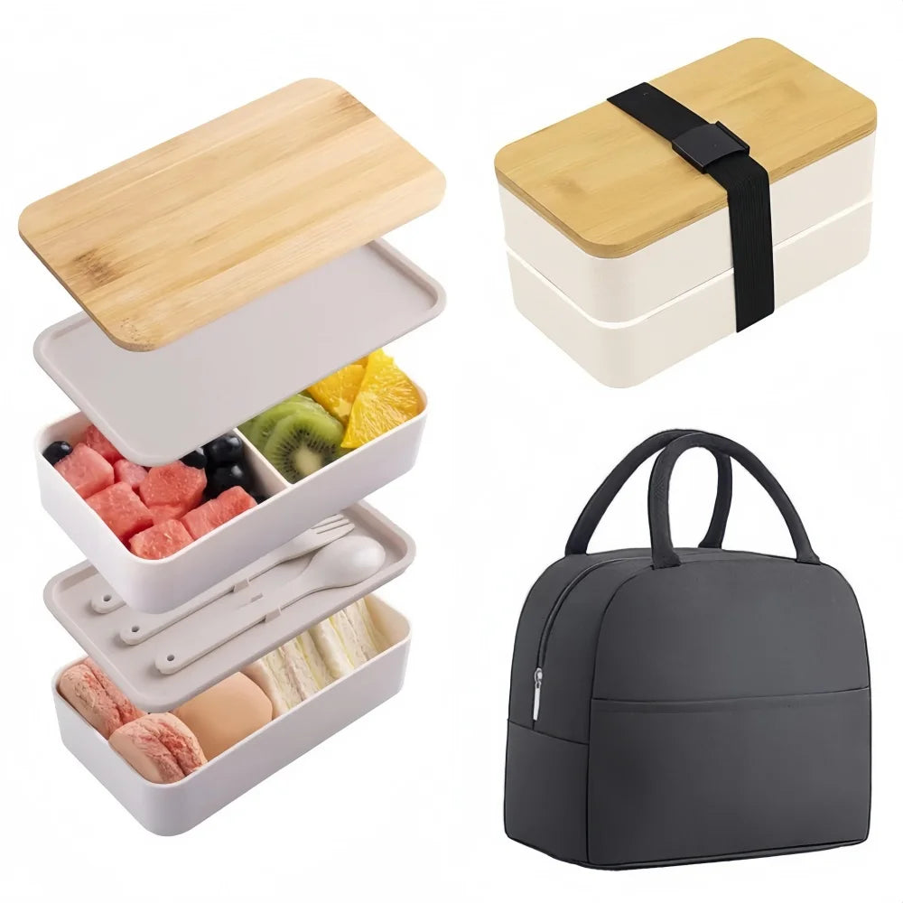 Adult Bento Lunch Box, 2-Tier Food Storage Container Set with Cutlery for Kids/children, Crisper Microwave and Dishwasher Safe