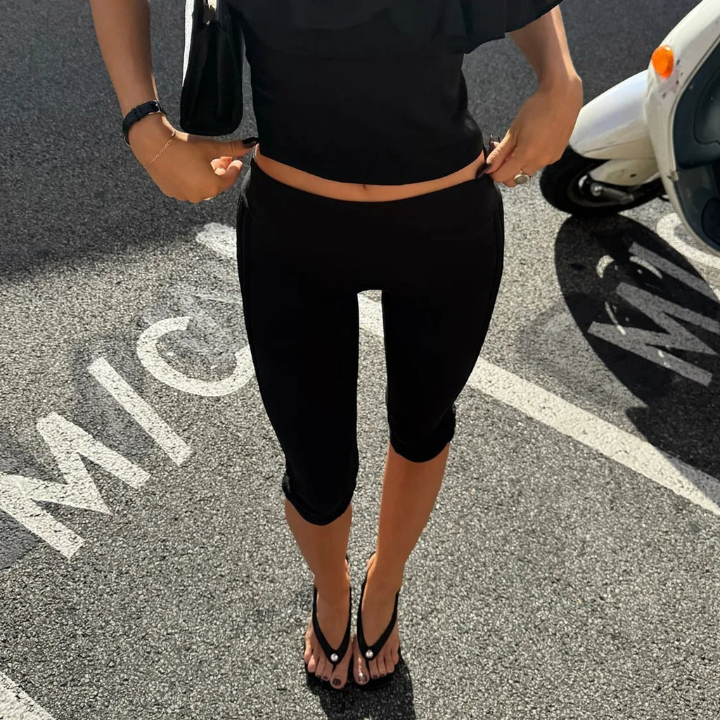 Women Solid Fold Over Waistband Capri Leggings Low Rise Split Hem 3/4 Length Skinny Pants Casual Summer Streetwear Yoga Pants