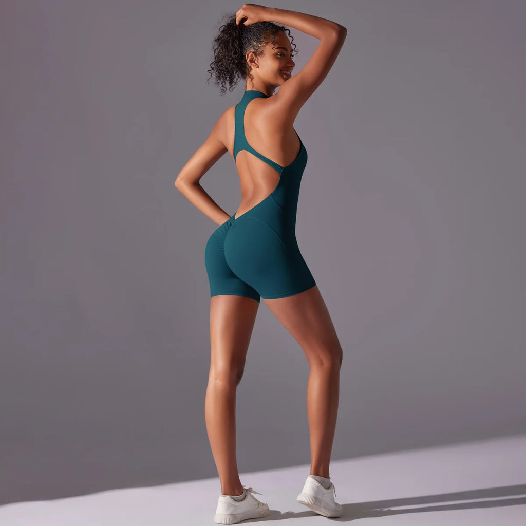 Women's High Neck Zip-Up Yoga Bodysuit, Sleeveless Hollow Back Scrunch Butt Lifting Romper, Buttery Soft Workout Activewear