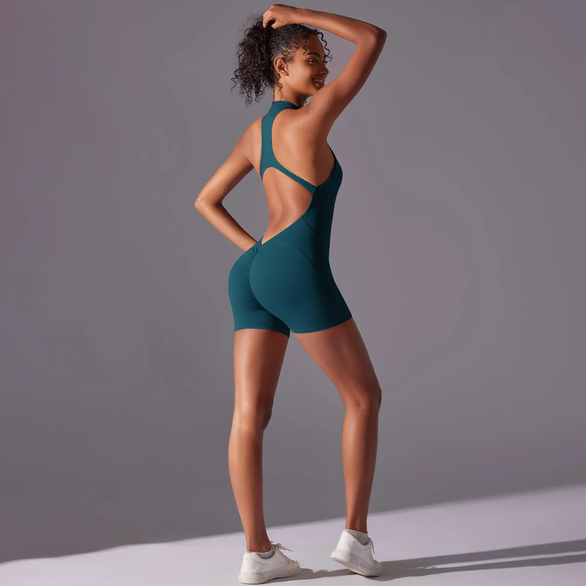 Women's High Neck Zip-Up Yoga Bodysuit, Sleeveless Hollow Back Scrunch Butt Lifting Romper, Buttery Soft Workout Activewear