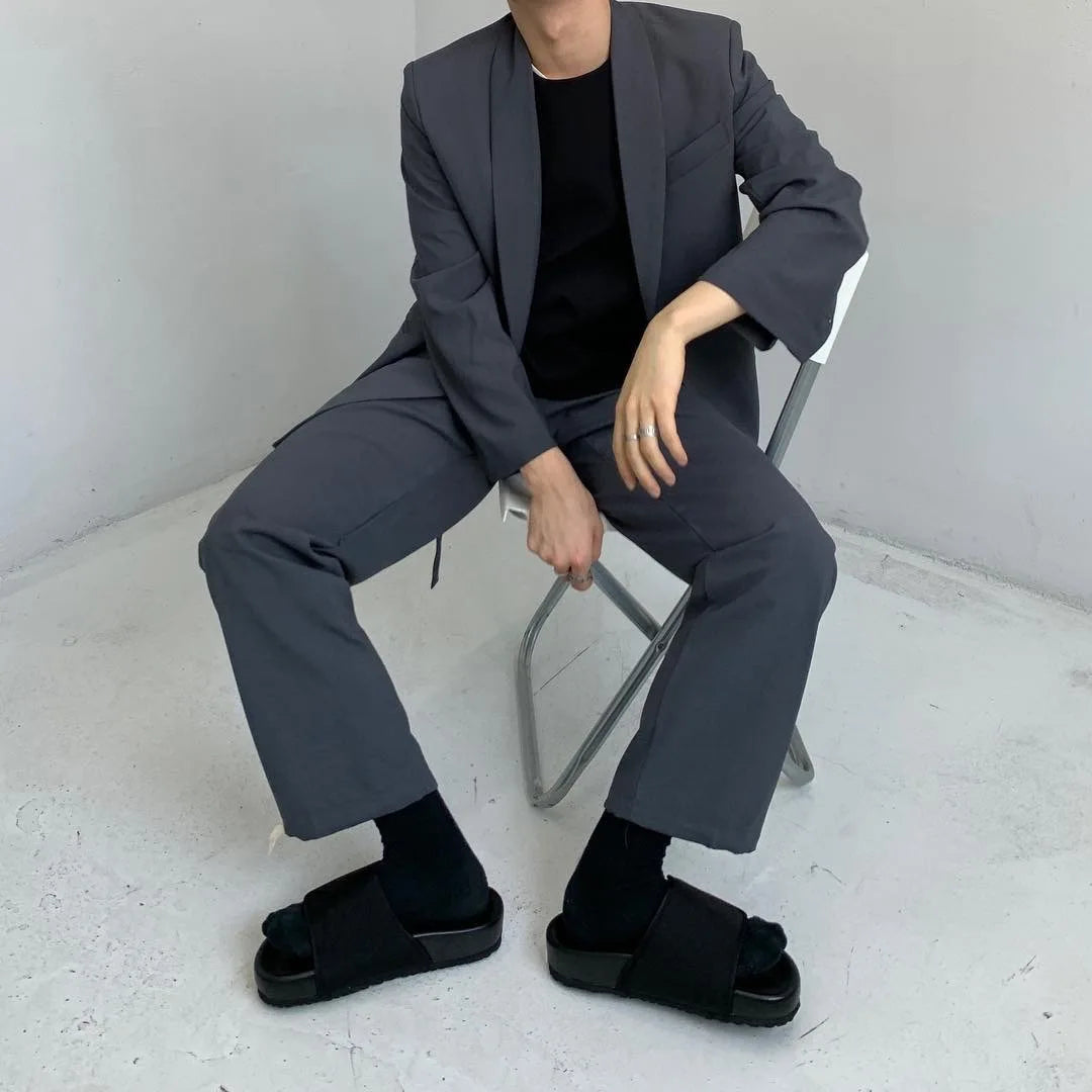 Spring Autumn Men's Loose Half Sleeved Suits Blazer Pants  2 Pieces Solid Clor Fashion Half Waistband Casual Blazer Suit Sets