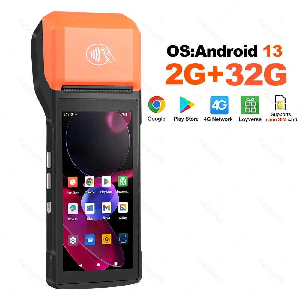 4G Android 13 Handheld Terminal POS Printer 58mm Thermal Printing, 1D/2D Barcode Scanner for Small Business & Protective Case