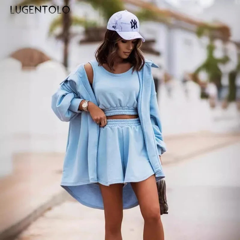 Women Fashion 3-piece Set Long Sleeve Lapel Coat O-Neck Short Tank Top Wide Leg Shorts High Street Sports Outfits Available 5XL