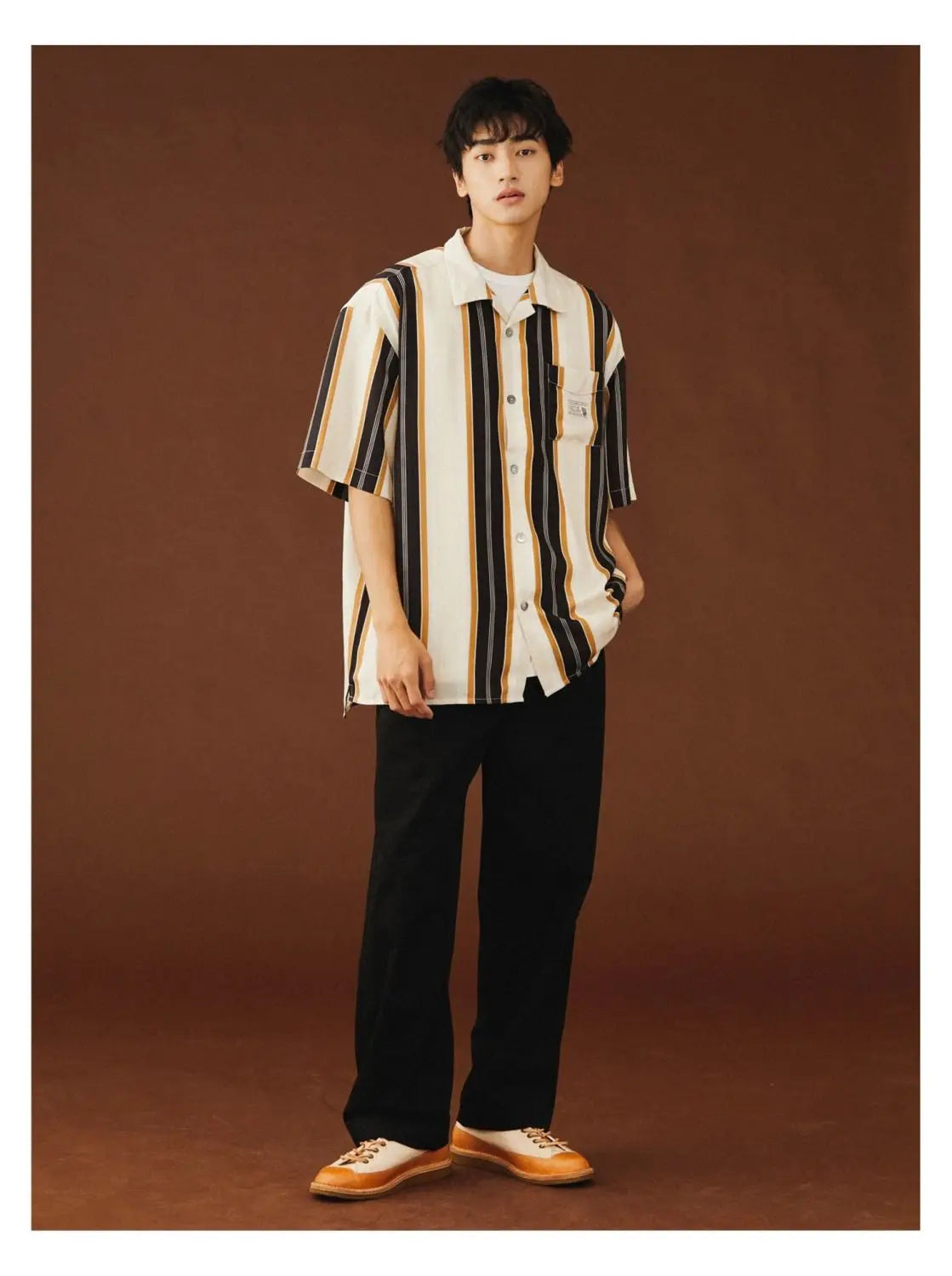 Summer New Turn-down Collar Fashion Short Sleeve Shirt Man High Street Casual Button Cardigan Striped Pockets Patchwork Tops