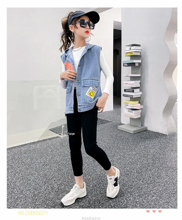 Korean Kids Vintage Hoodies Denim Vest For Girls Casual Streetwear Clothing Teens Child Hooded Denim Waistcoat Jacket Outfits