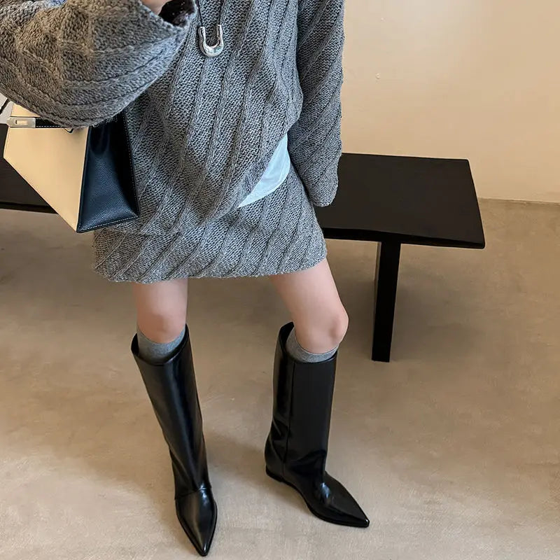 QUTAA 2025 News Women Knee High Boots Leather Wedge Heels Autumn Shoes Pointed Toe Woman Winter Party Lady Long Boots Size 34-40