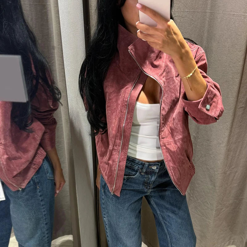 Women Dusty Faux Suede Bomber Jacket Stand Collar Zip Up Loose Drop Shoulder Elastic Hem Casual Fall Outerwear 2026 Fashion Coat