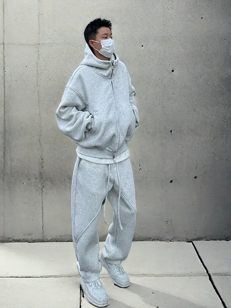 Autumn Winter Men's Casual Hoodie Sports Set Korean Fashion Loose Zip Up Hooded Sweatshirt and Sports Pants Two-piece Set