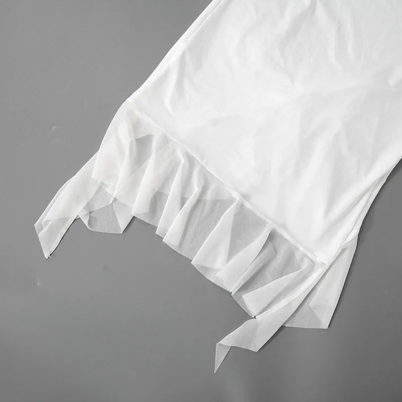 Spring Autumn New Pure Color round Neck Mesh Panel Long Sleeve Slit Lace Trim Sexy Dress Elegant Women's Fashion Skirt