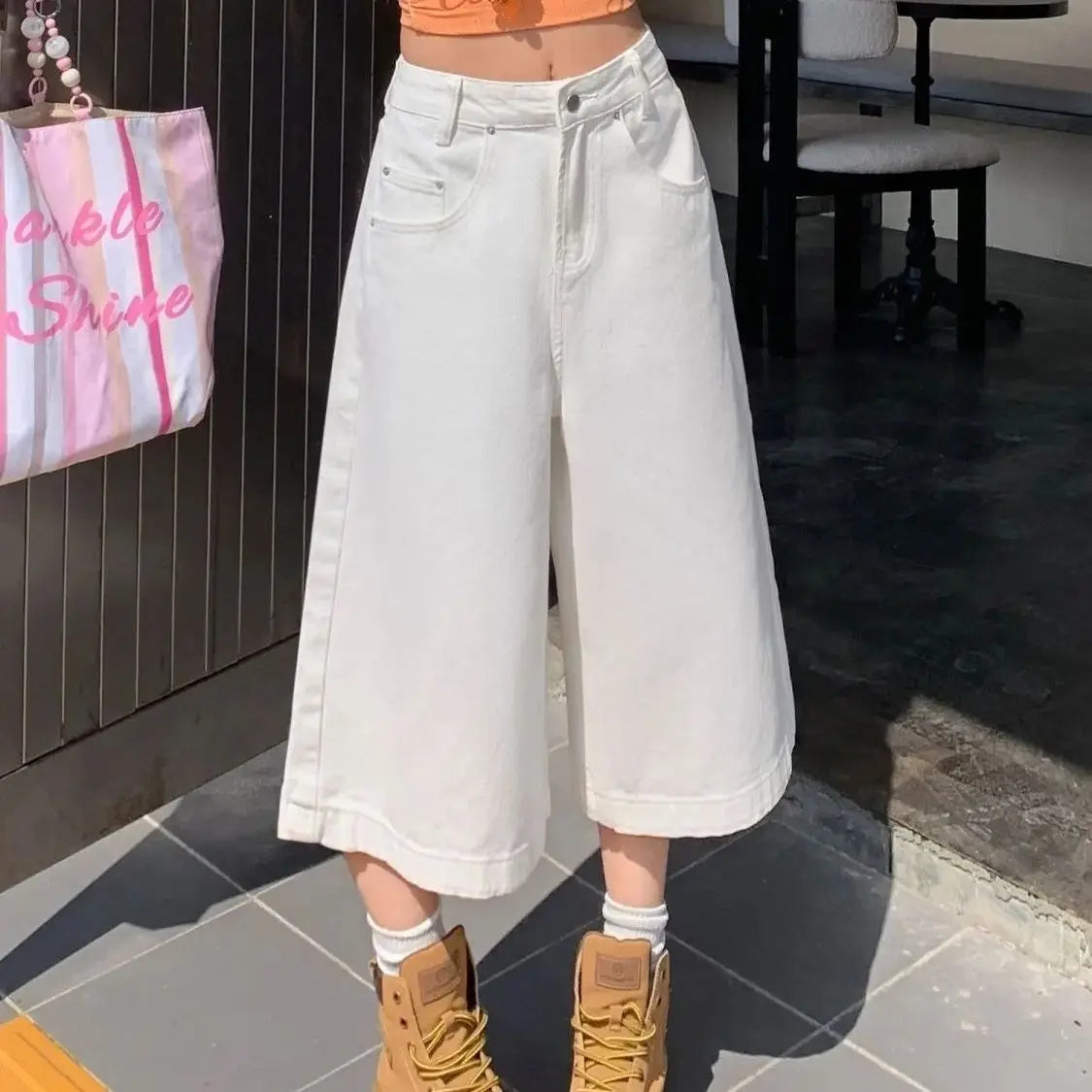 Retro High Waist Wide-leg Jeans Women Summer New Fashion Loose Straight Calf-Length Denim Pants Female Orange Whiter Cowboy Pant