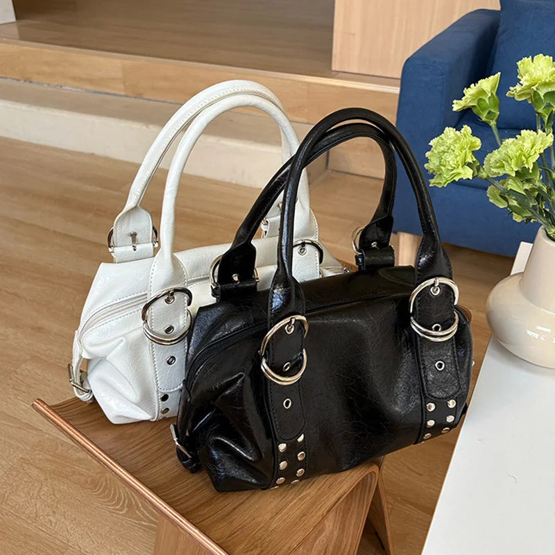 Vintage Style PU Leather Women Shoulder Bag Large Capacity High Quality Fashion Rivet Handbag Daily Use Y2K Motorcycle Bag