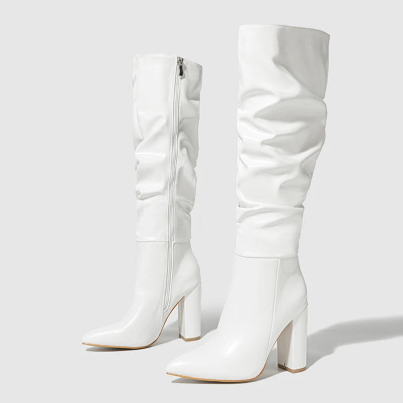 Liyke Winter Street Fashion Pleated Leather Pink Knee High Boots Women Sexy Long Zip Pointed Toe Square Heels Stripper Shoes