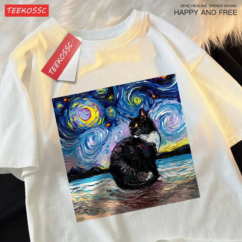 Oil Painting Starry Sky Cat Tshirts Men Women Oversized Cotton Clothing Fashion Summer T-Shirt High Quality Brand Loose Shirts
