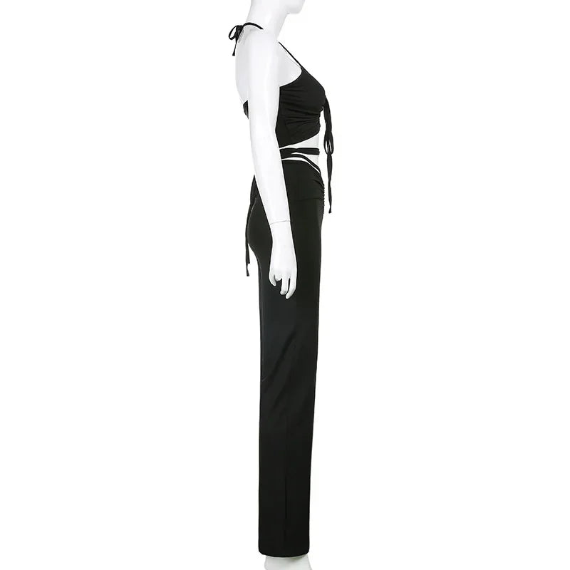 Solid 2 Piece Sets Womens Outfits Neck-mounted Halter Top Low Waist Long Pants Set Conjuntos Feminino Elegante Ensemble Femme