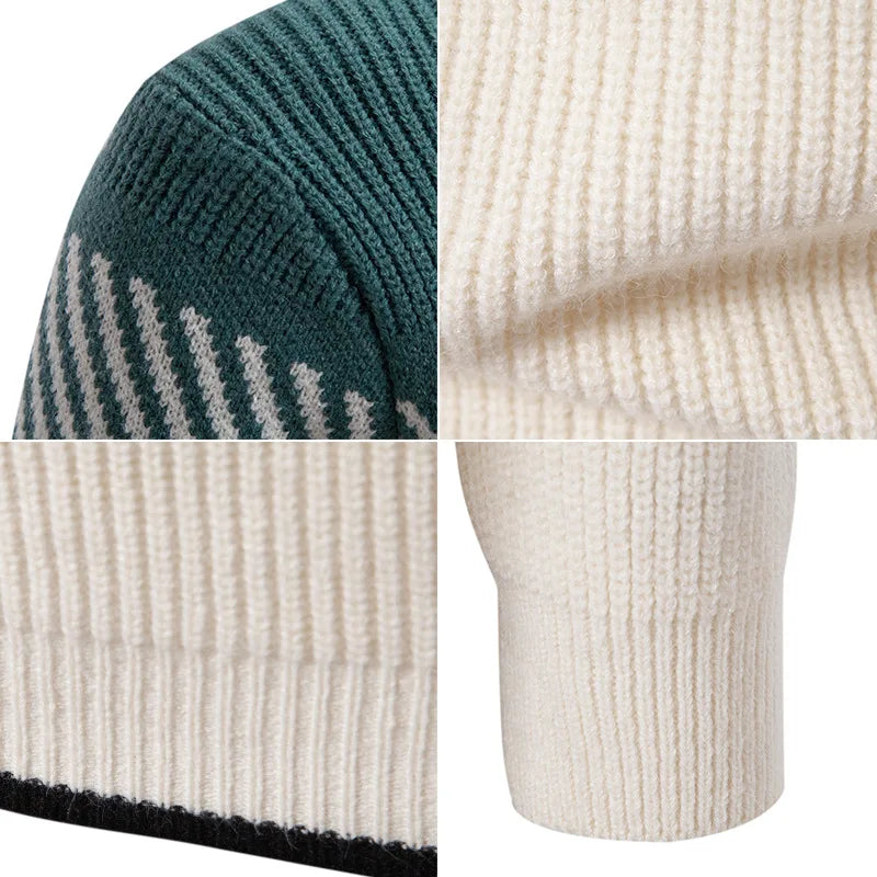 High Quality Men's New Autumn Winter Sweaters Casual Warm Mock Neck Pullovers Trend Color Blocking Design Men Sweaters Knit Tops