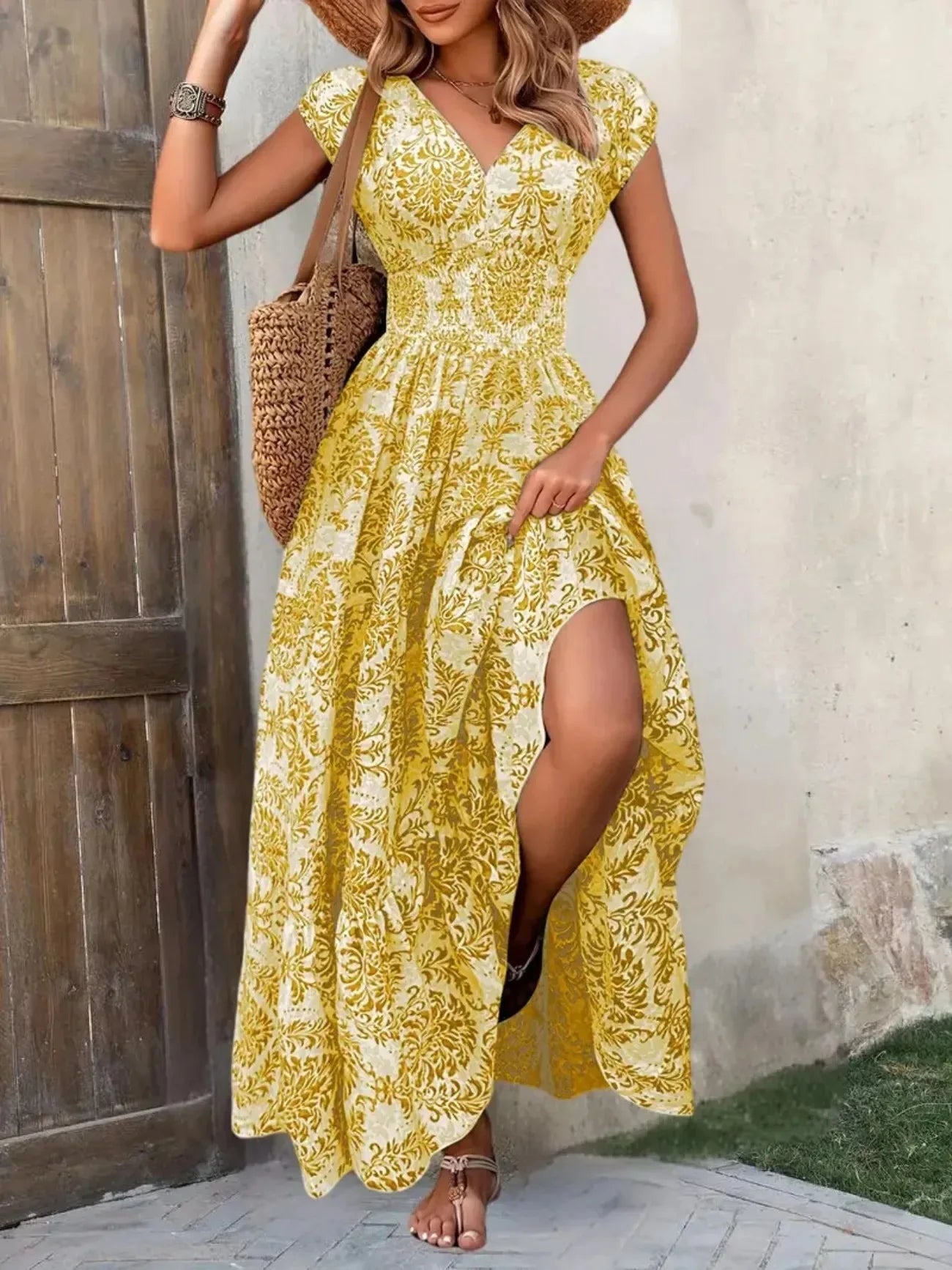 Women's Summer Retro Fashion Floral Printed Sexy V-neck Short Sleeve High Waist Medium Length Bohemian Loose Holidays Dresses