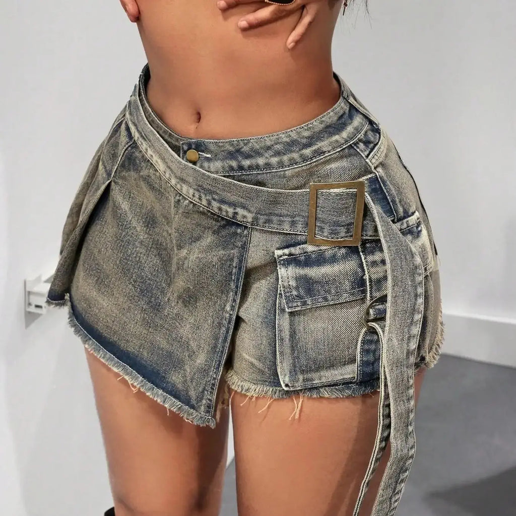 Vintage High Waist Denim Skirt Pants, Anti-Slip Sexy Shorts, Casual Fitted Design, Plain Pattern, Women's Fashion