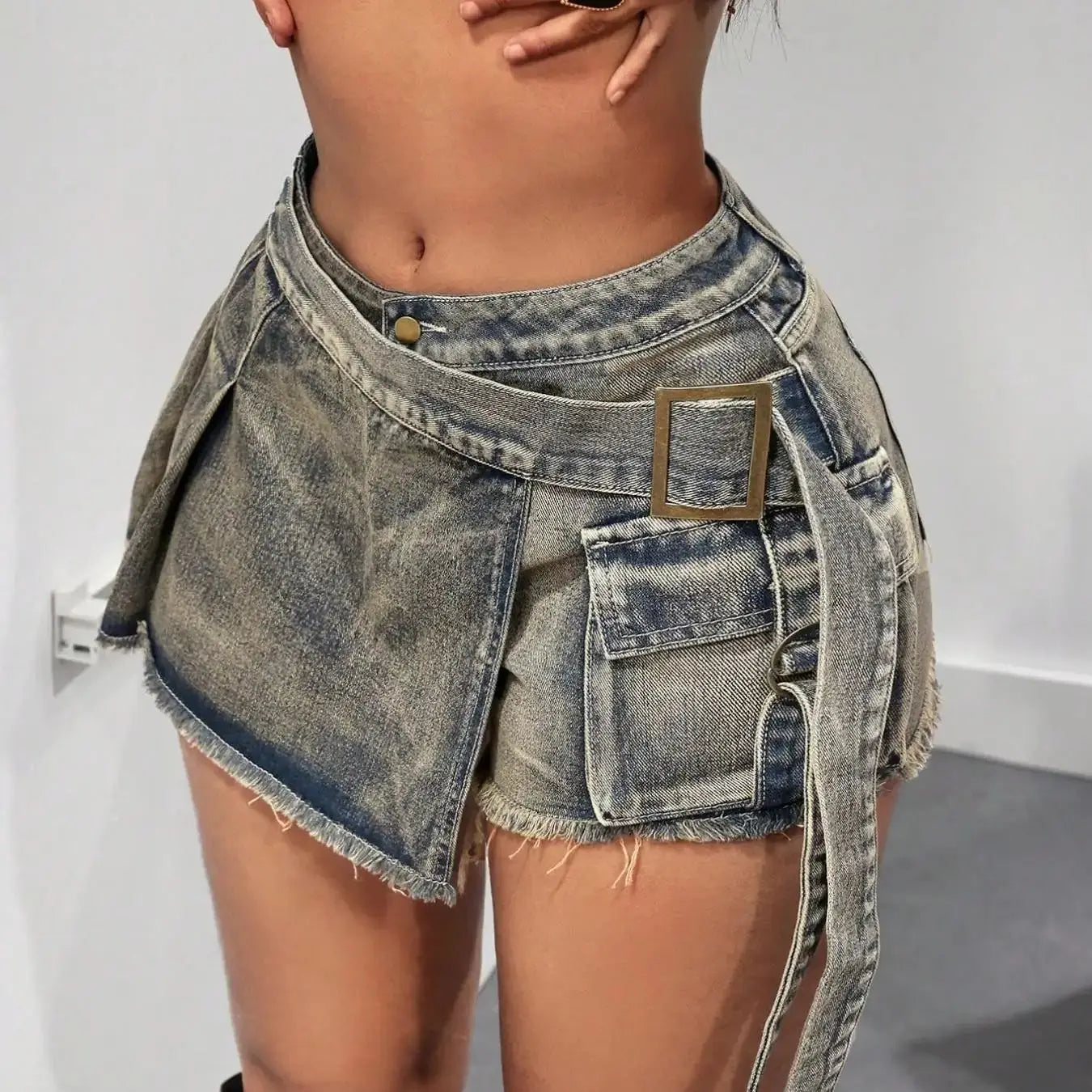 Vintage High Waist Denim Skirt Pants, Anti-Slip Sexy Shorts, Casual Fitted Design, Plain Pattern, Women's Fashion