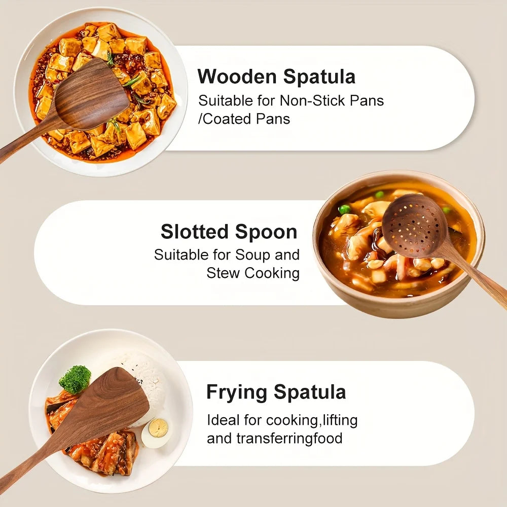 Wooden kitchen utensil cooking set, household spatula spoon set, salad spoon fork, mixing spoon, kitchen baking set