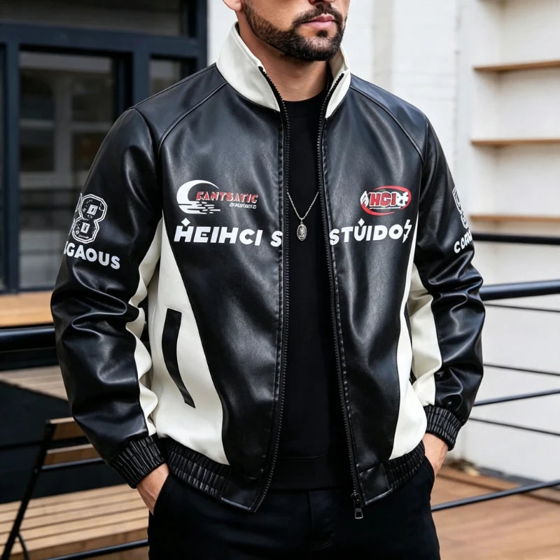 Streetwear Motorcycle Leather Jacket Men Autumn Winter Biker Racing Jacket F1 Jacket Men's PU Leather Shell Jacket Track Coats